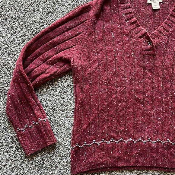 Woolrich Knit Sweater Womens Medium Ruby Heather Wool Blend VNeck Cable Knit Top - Picture 3 of 8